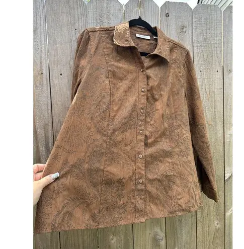 Tantrums Womens Size Large Brown Print Button Up Shirt Long Sleeve Square Button