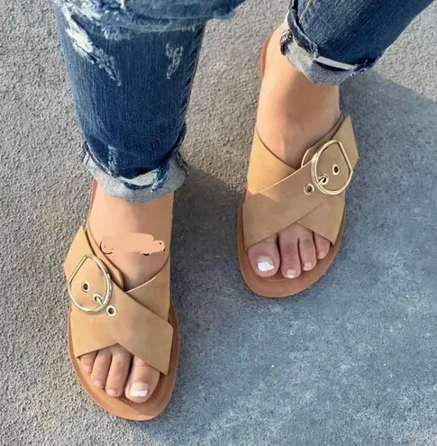 Nude/natural Adjustable Buckle Vegan Leather Strap Sandal Tan Size 6.5