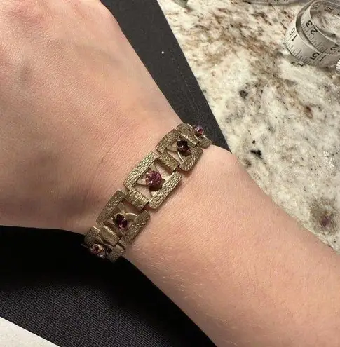 Women’s Bronze Gold Tone Red & Pink Rhinestone Tennis Bracelet 7 Inch