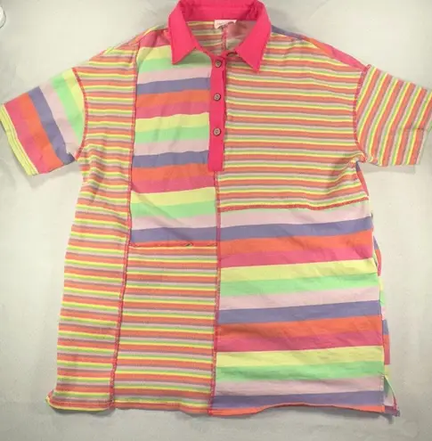 Fantastic Fawn Multi Stripe Patchwork Loose Fit T-Shirt Dress Bright Colors Lg