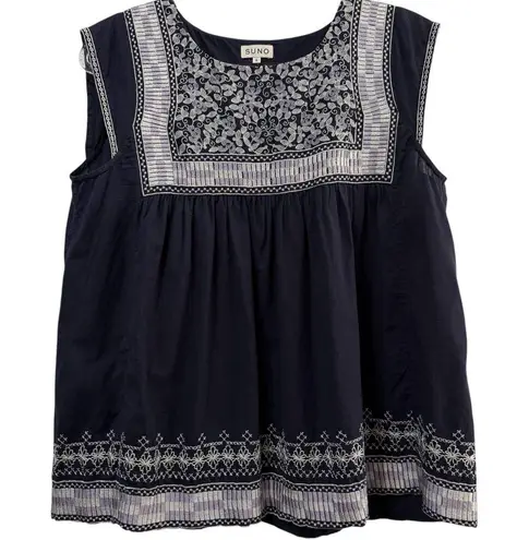 SUNO Floral Embroidered Navy Boho Babydoll Women's Top Size 4 Blue