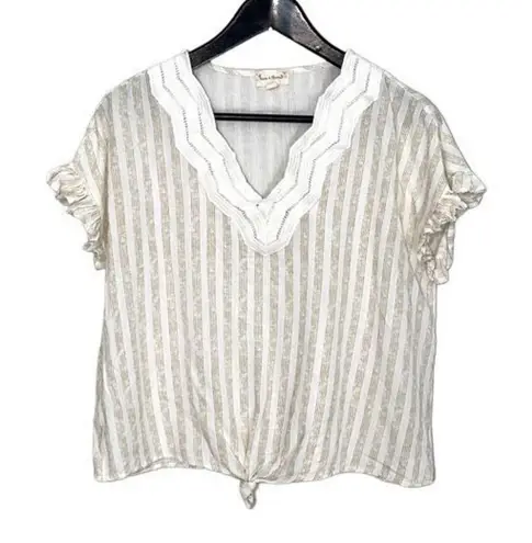 Hem & Thread Womens Striped Top Blouse V Neck Ruffle Cap Sleeve Tie Beige Small