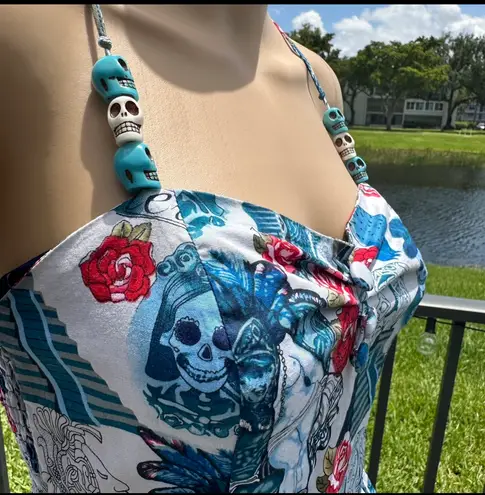 Hell Bunny Amor Eterno (Eternal Love) white,blue,red spaghetti strap dress Sz S