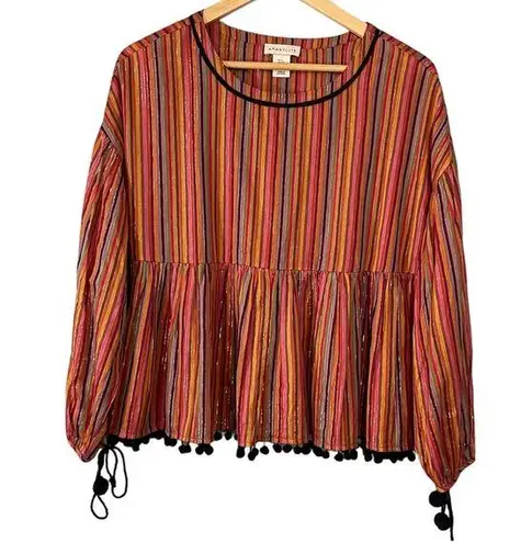 Amaryllis Red Rainbow Bohemian Stripe Peplum Long Sleeve Top with Pom Poms