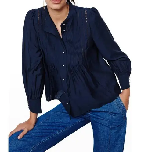 Ba&sh Laure Pintuck Button Front Shirt Puff Sleeve Crochet Trim Blue Women's XS