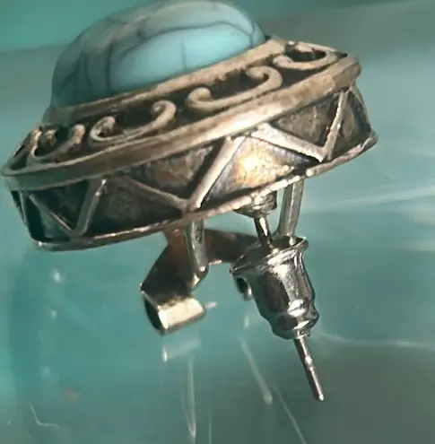 Southwestern Retro Silver Tone and Turquoise Colored Howlite Stone Oval Earrings