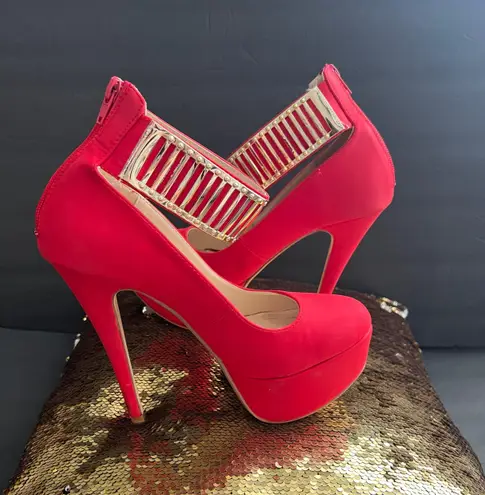 Anne Michelle Women’s Pumps Heels Shoes Ankle Strap Zipper Back Suede Red Sz 8.5