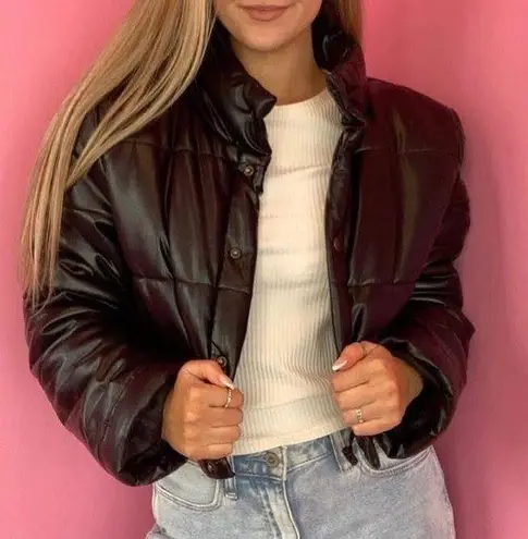 Gold Hinge Black Leather Puffer Coat