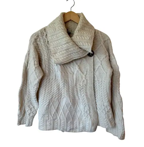 Carraig Donn Patchwork Merino Wool Wide Collar Irish Cardigan Cream Women's Size XL