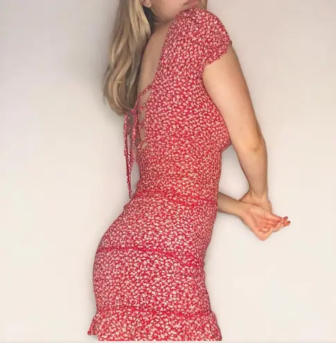 Sim & Sam Red Floral Smocked Mini Dress with Square Neck and Lace-Up Back