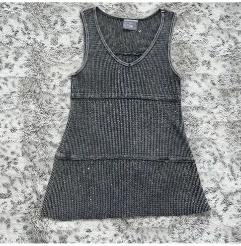 Vocal gem/sequin mineral wash blue gray tank top