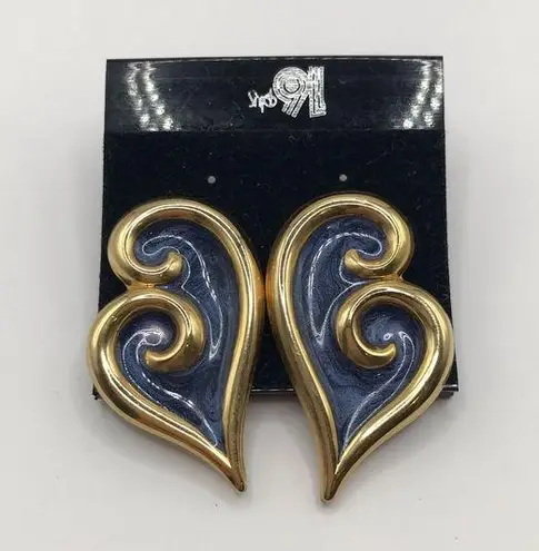 Vintage Blue  Enamel Swirl Gold Tone Abstract Heart Earrings