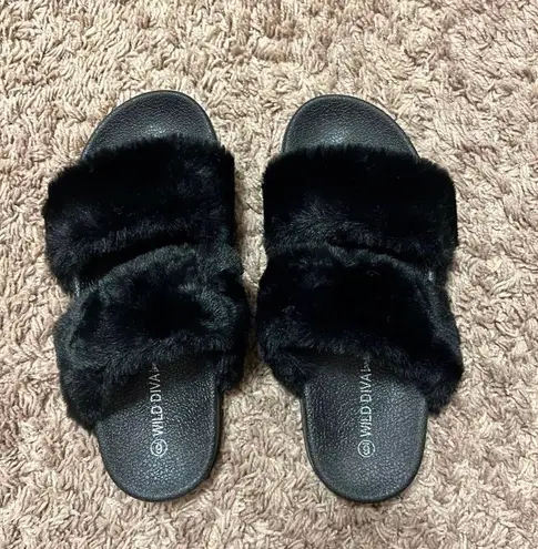 Wild Diva Black Faux Fur Double Band Slides