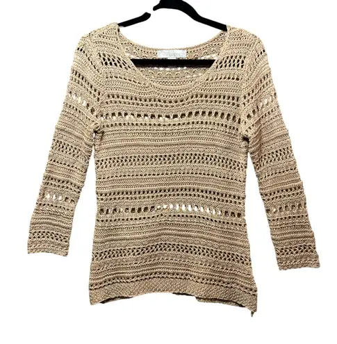 By Design Crochet Top Knit Open Weave Boho Top Beige Medium Sweater Tan