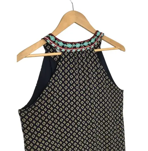 THML Faye Boho A Line Embroidered Halter V Neck Geometric Dress Navy L