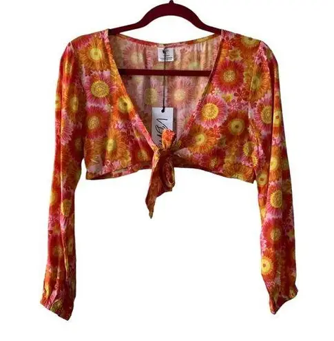 VDM Revolve Orange Multicolor Retro Floral Print Swim Coverup Tie Front Crop Top