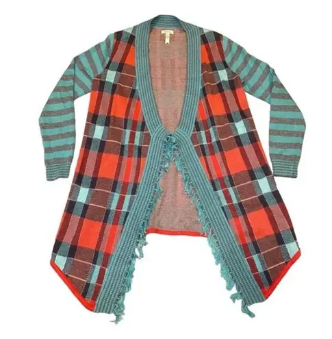 Matilda Jane  Steadfast Plaid Open Front Plaid Coral Aqua & Grey Cardigan Size XS