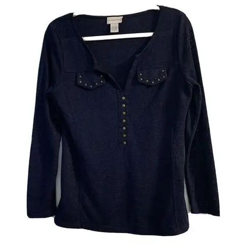 Soft Surroundings Womens Size Small Blue Gold Stud Detail Split Neck Blouse