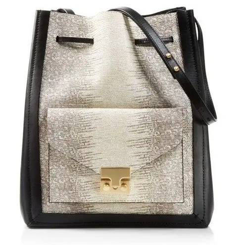 Loeffler Randall Embossed Lizard Leather Drawstring Black Bucket Tote Bag