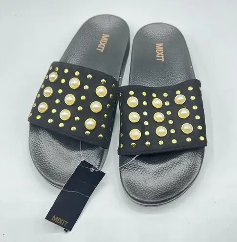 Mixit Womens Embellished Pearl Style Pool Slide Shoes Sz 7