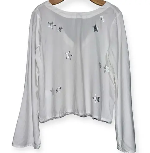 Bella Dahl Women’s S White Silver Stars Tie Button Back Long Sleeve Blouse Top