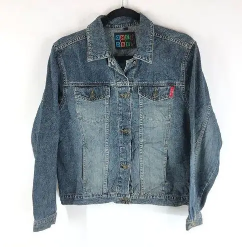 One by One Womens Denim Jacket Vintage Retro Trucker Medium Wash Fading US L Blue Size L