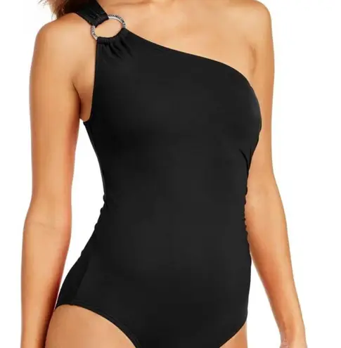 Michael Kors DISCONTINUED One-Shoulder Swimsuit in Black with gold detail