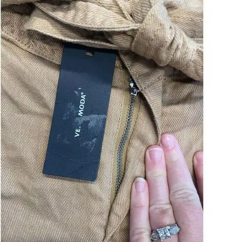 VERO MODA Vera Moda Chino Shorts Women Medium Brown Denim Belted Slash Pockets Hipster B67