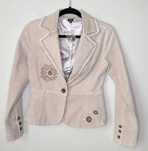NEW NWT Aziz Small Embroidered Corduroy Bohemian Jacket Blazer Tan Floral