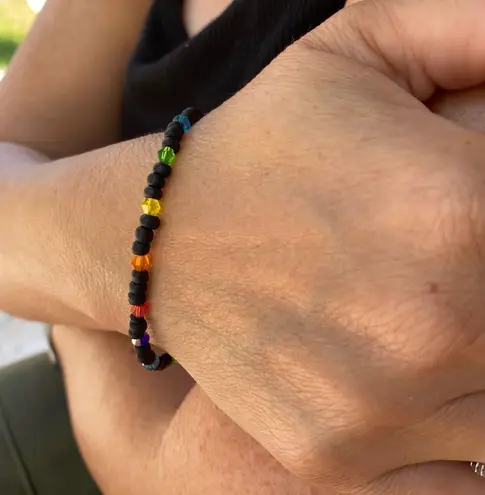 Matte Black & Rainbow Crystal Beaded Bracelet 8.25 inch
