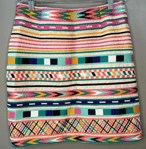 Etcetera Skirt Embroidered Linen Mini Skirt Rainbow Geometric Pattern Size 4