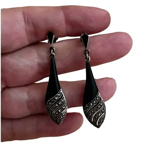 FAS Sterling, Onyx and Marcasite Earrings Silver