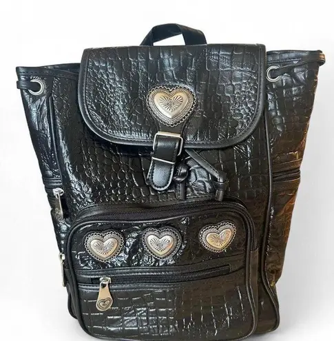 Genuine Leather Croc Embossed Backpack with Silver Heart Accents Black