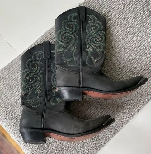 Vintage Smokey Mountain Teal Brown Embroidered Black Leather Cowboy Boots Size 8