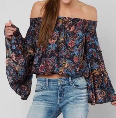 Free People Free Spirited Off The Shoulder Top Bell Sleeve Boho Floral Blouse XS