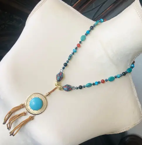 Handcrafted southwest style natural stone leather fringe medallion necklace