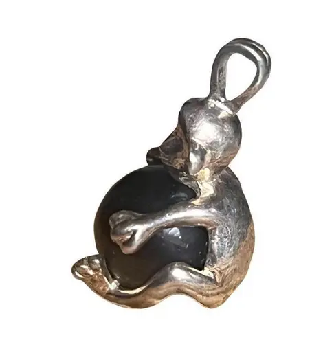 Antique Sterling Silver Monkey Holding Round Tigers Eye Ball Pendent Silver