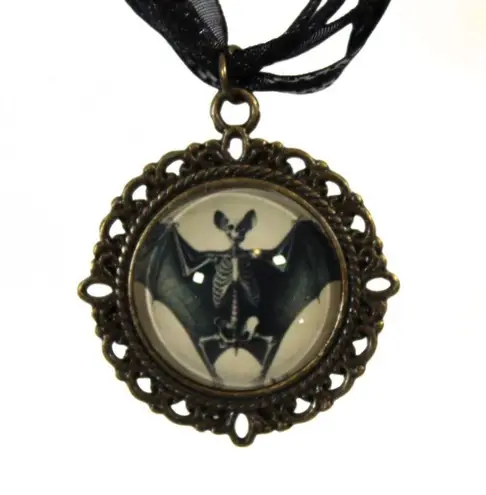 Handmade Gothic Victorian "Wings of the Departed" Goth Skeletal Bat Ribbon Necklace