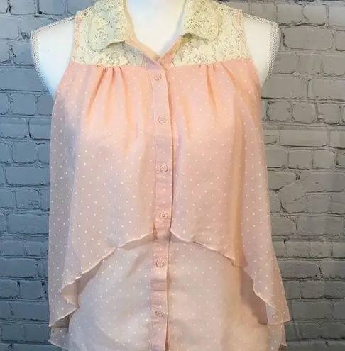 Sleeveless High Low Pink Sheer Sleeveless Collared Top with Dots & Lace Trim