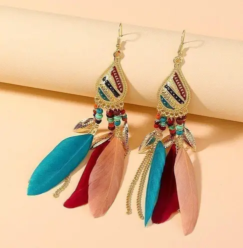 Long Bohemian Feather Chain Earrings Gold