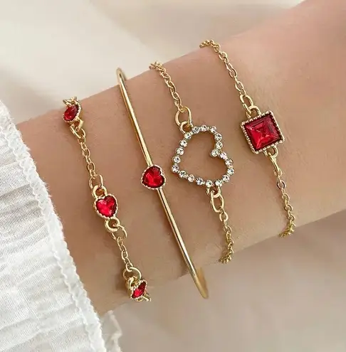 NEW 4pcs Gold Bracelet Set – Red Rhinestones, Heart & Square Charms, Stackable