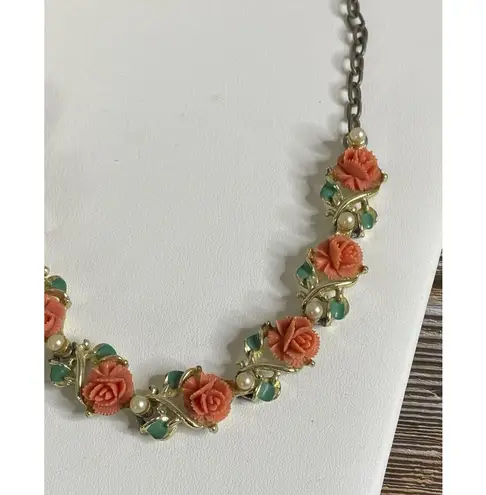 Vintage Celluloid Pink Lucite Rose Flower Gold Choker Coquette Necklace Pearls