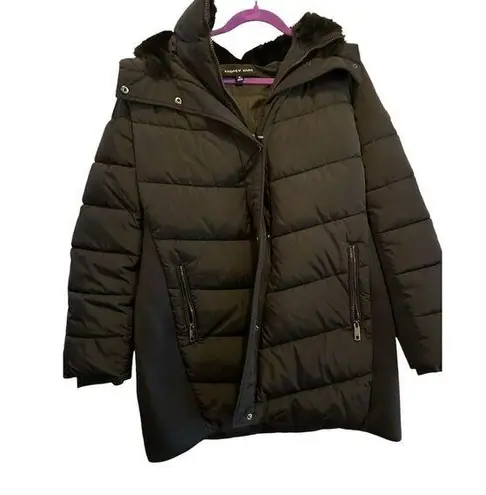 Andrew Marc Women's XL Black Hooded Puffer Jacket MidLength Winter Casual Formal