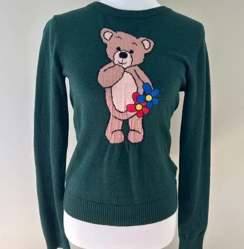 Womens Kidcore Teddy Bear Crewneck Floral Knit Graphic Sweater Size L Green Size L