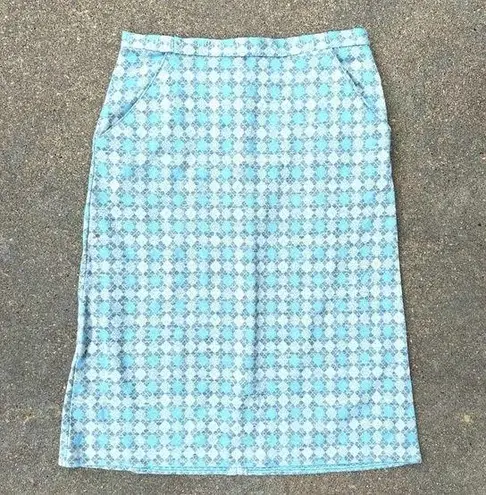 Vintage 60s metallic gray silver and blue argyle print pencil skirt Size M