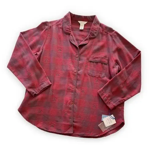 Sleep Sense Portuguese Flannel Sleepwear Red & Charcoal Gray Paw Print Button Up Size XL