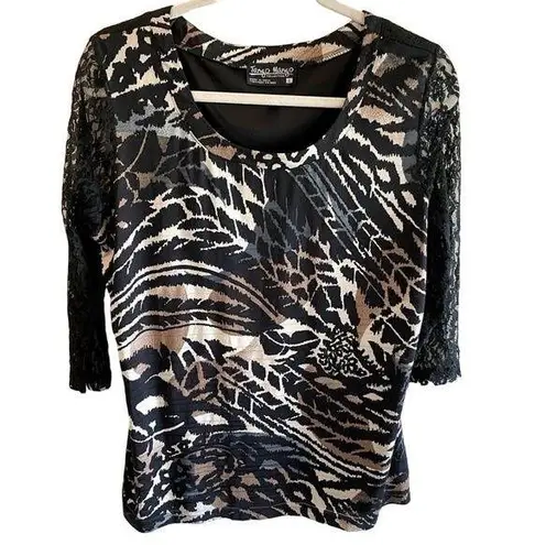 Tango Mango Black Patterned 3/4 Sleeve Lace Back Sheer Sleeves Blouse Size L Size L