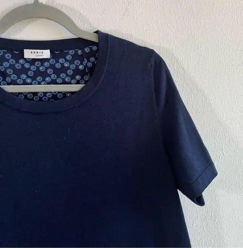 Akris Punto Blouse Navy Blue Knit Front & Eyelet Back Peplum Top Sz US 10 EUC