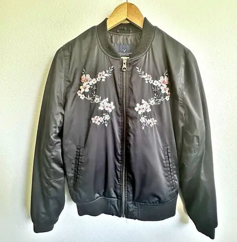 American Eagle  | Members Only Bomber Jacket Black Embroidered Floral | Medium