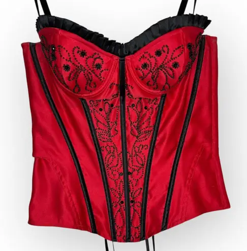 VTG Red and Black Beaded Corset Boustier Lingerie Sexy Christmas Size Small